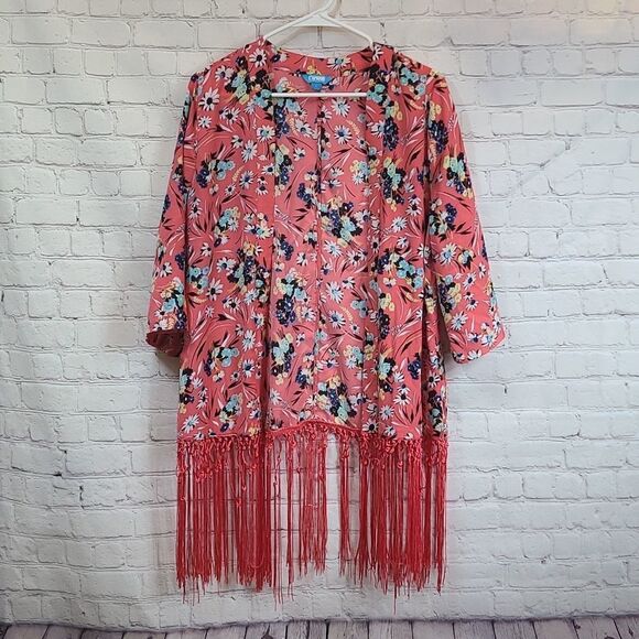 Anthropologie Nanette Lepore Coral Floral Fringe Kimono L’Amour Large Anthro - Picture 2 of 8